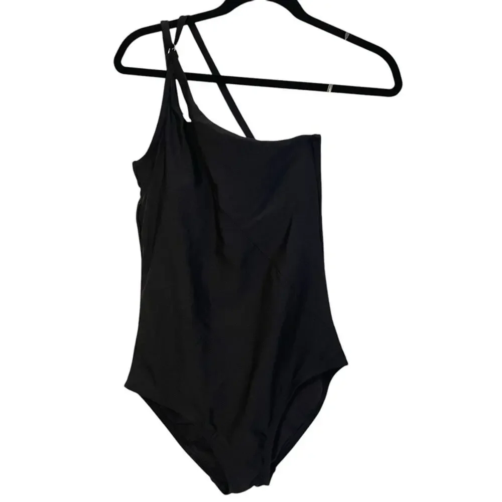 Lands' End Small 6-8 Black‎ 1 Shoulder Tummy Control Full Coverage Swimsuit NWT